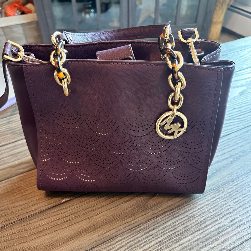 Michael Kors Leather Purse  deep purple with gold accent 2 straps